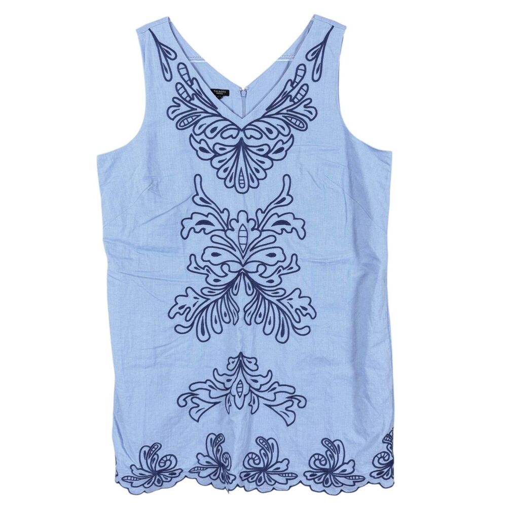 Talbots 18WP Shift Dress Linen Cotton Scroll Embroidery Sleeveless V Neck NWT